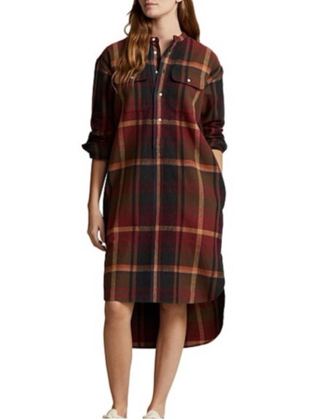 Polo Ralph Lauren Twill Cotton Long Sleeve Hi-Low Plaid Shirt Dress 8